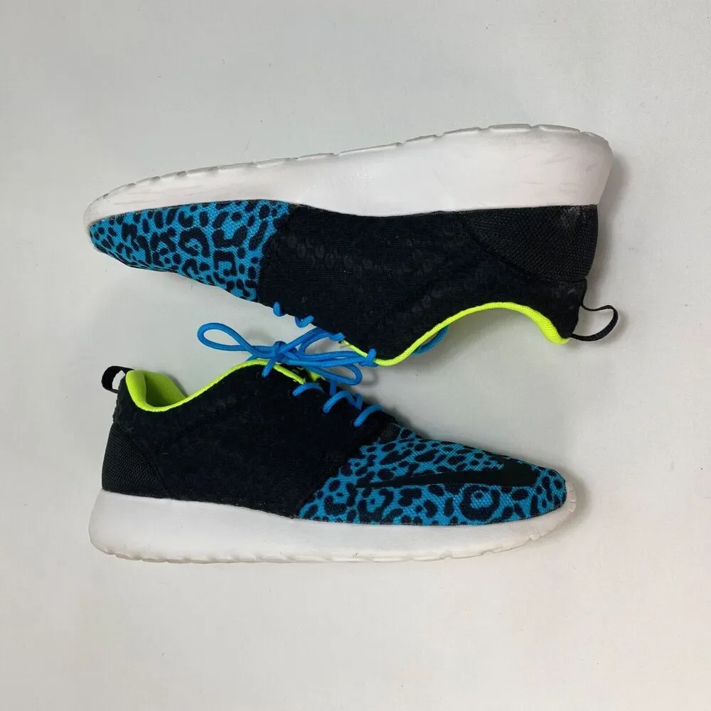 Nike Roshe Run Sneakers Womens 8 Black Current Blue Leopard Running Workout Gym